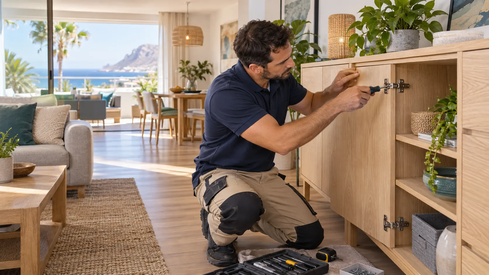 Profesional montando un mueble de madera en un hogar luminoso de Gran Canaria