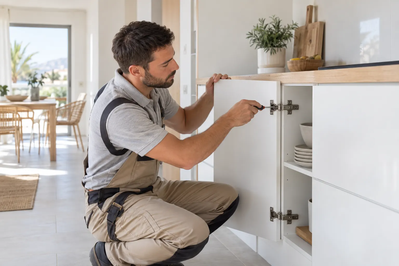 Profesional ajustando la puerta de un mueble de cocina