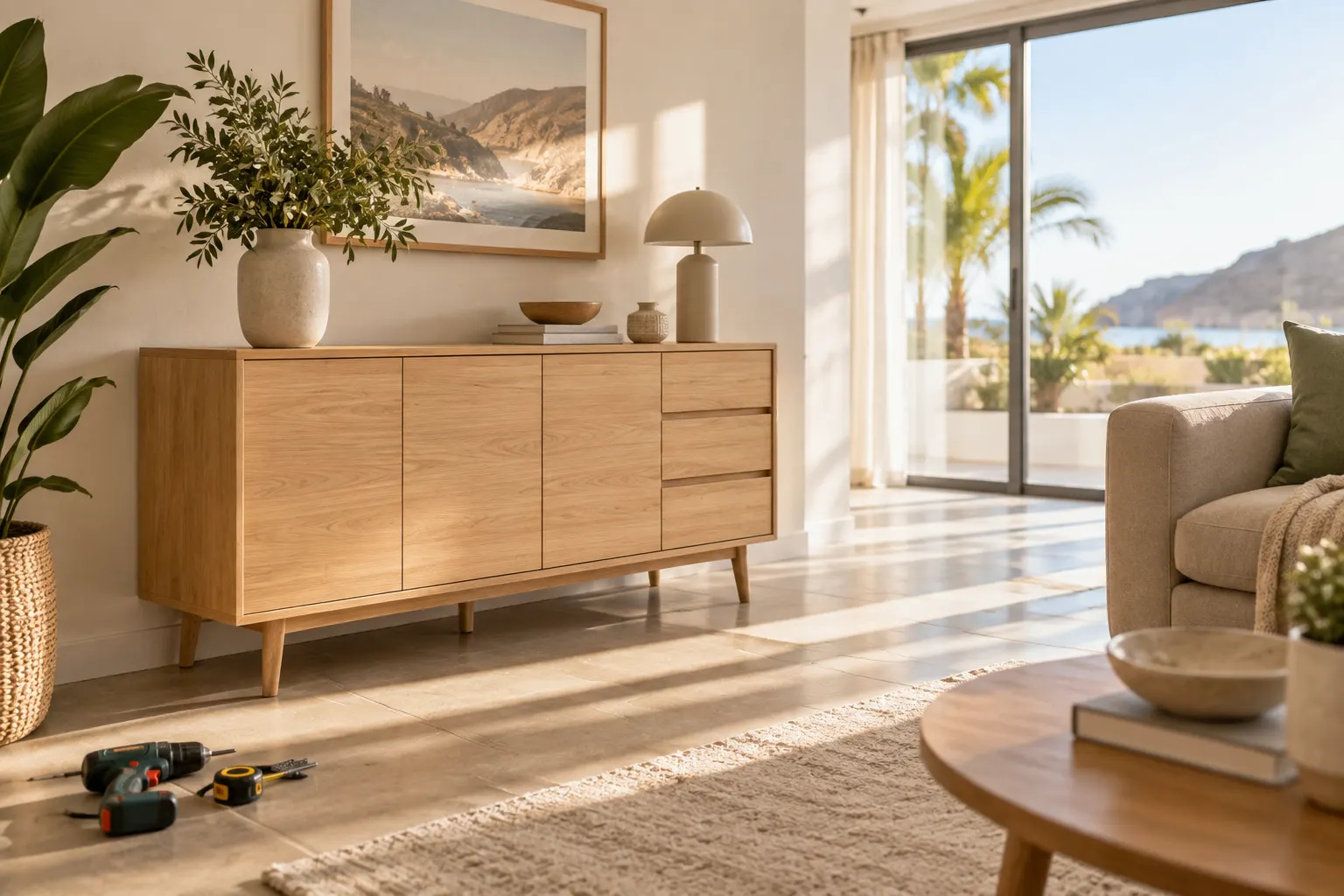 Salón luminoso con un mueble de madera recién montado