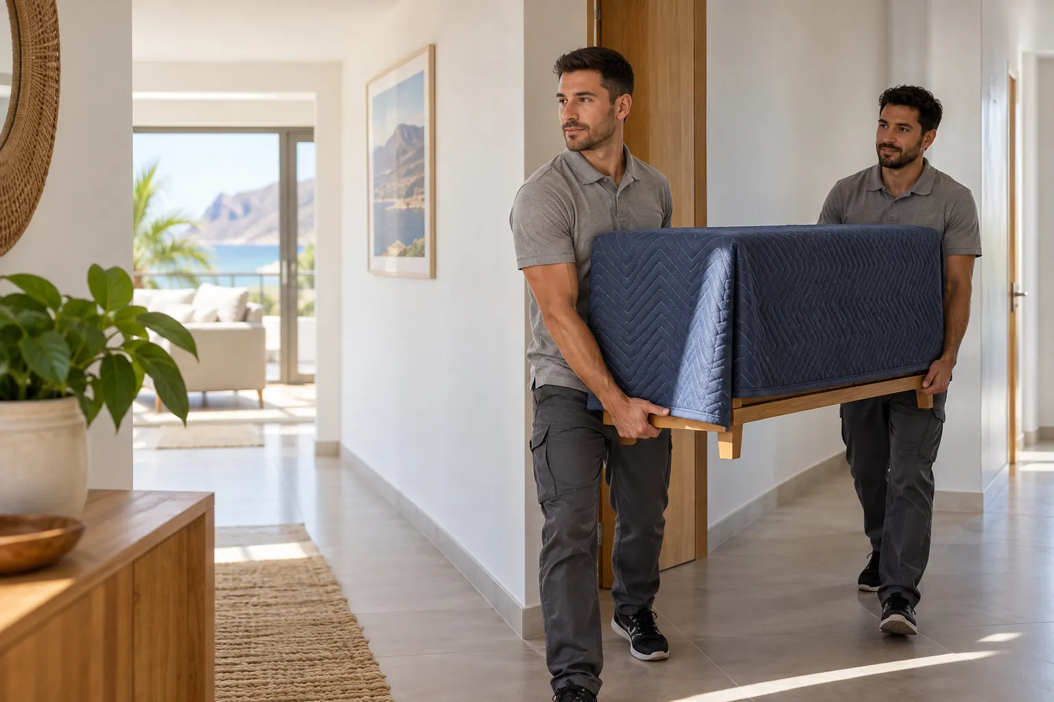 Dos profesionales trasladando un mueble protegido por un pasillo